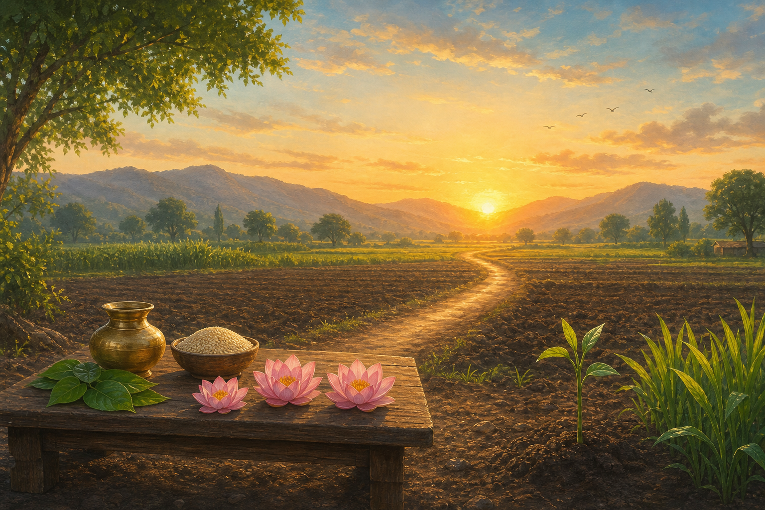 A golden sunrise illuminates a newly prepared field, a young seedling, a bowl of grain, a brass water vessel, fresh leaves, and three lotus blossoms.