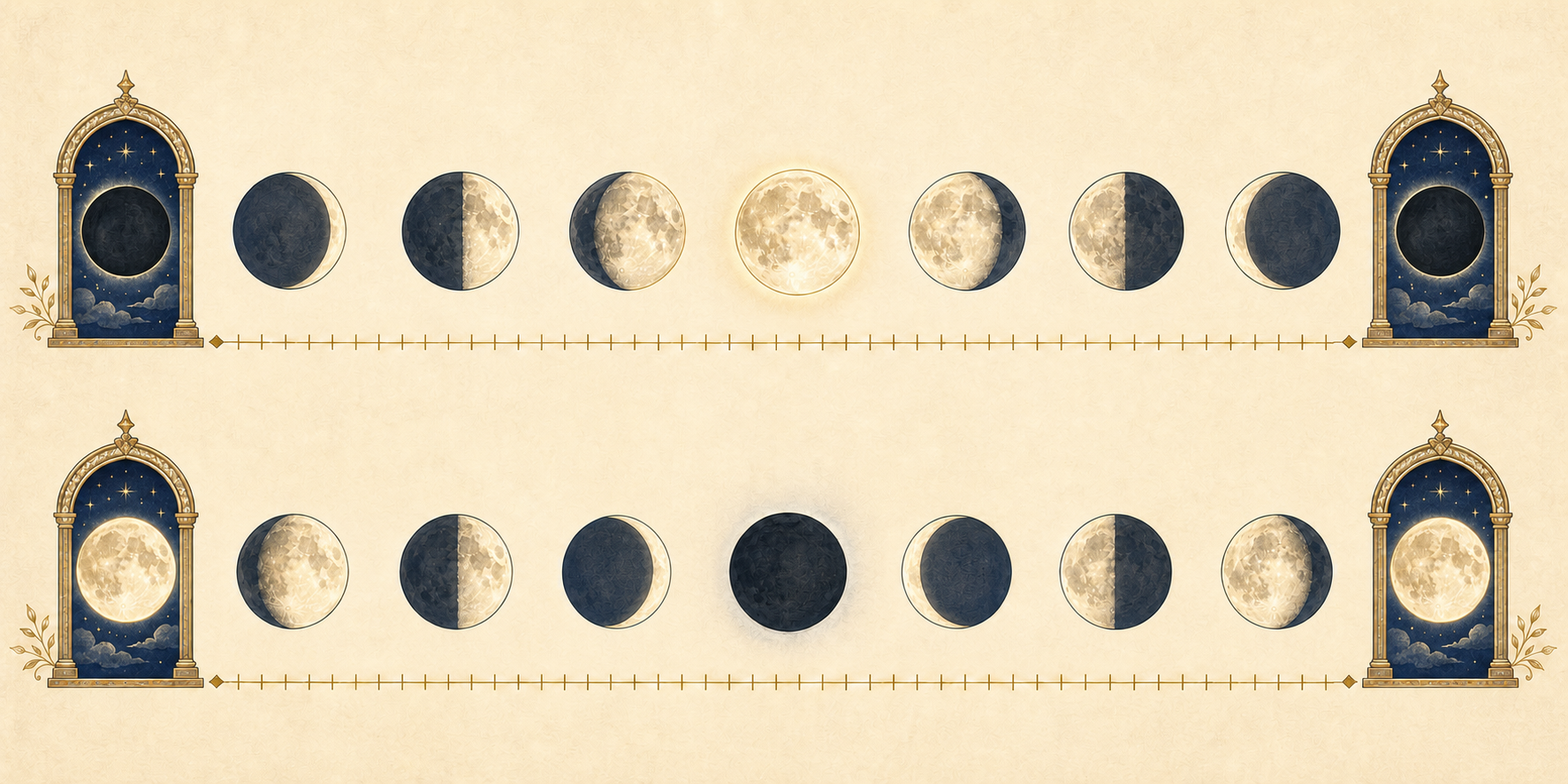Two parallel lunar phase sequences: an amānta month runs from one dark New Moon boundary to the next, while a pūrṇimānta month runs from one bright Full Moon boundary to the next.
