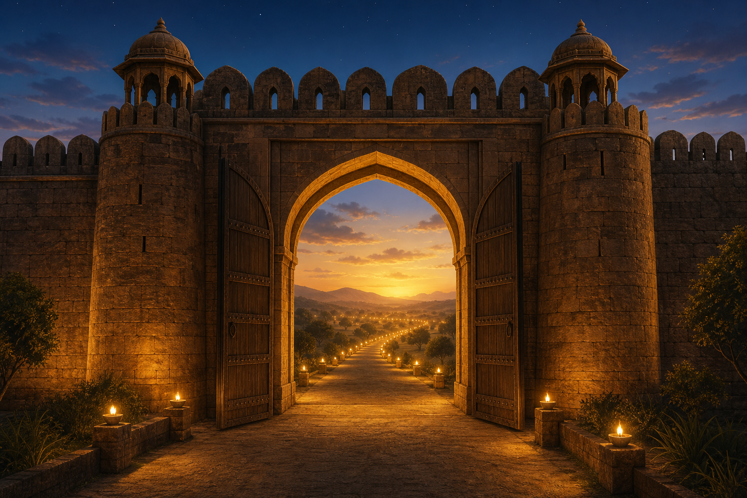 A symbolic open sandstone fort gateway at dusk, with a lamp-lit path leading toward a bright horizon.