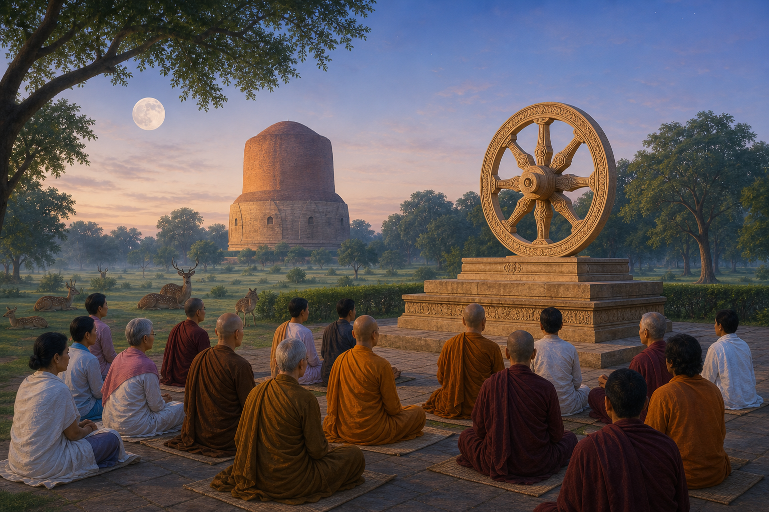 Buddhist monastics and lay devotees sit before an elevated Dhamma wheel at Sarnath under the full Moon.