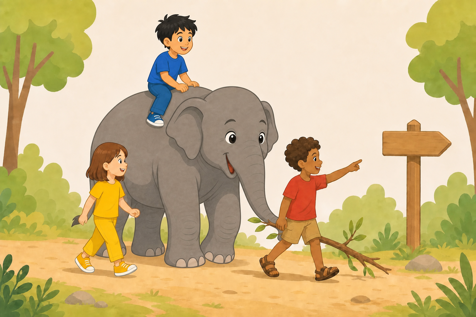 The blue-clothed boy rides Gajajī while the other two child explorers choose a path with them in a welcoming forest.