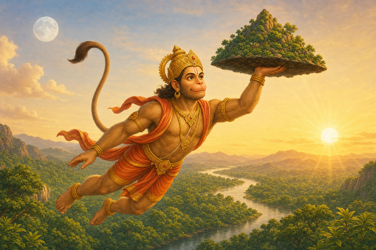 A respectful illustrated Hanumān carries the forested Sanjīvanī mountain across a dawn sky as the full Moon fades and the Sun rises.