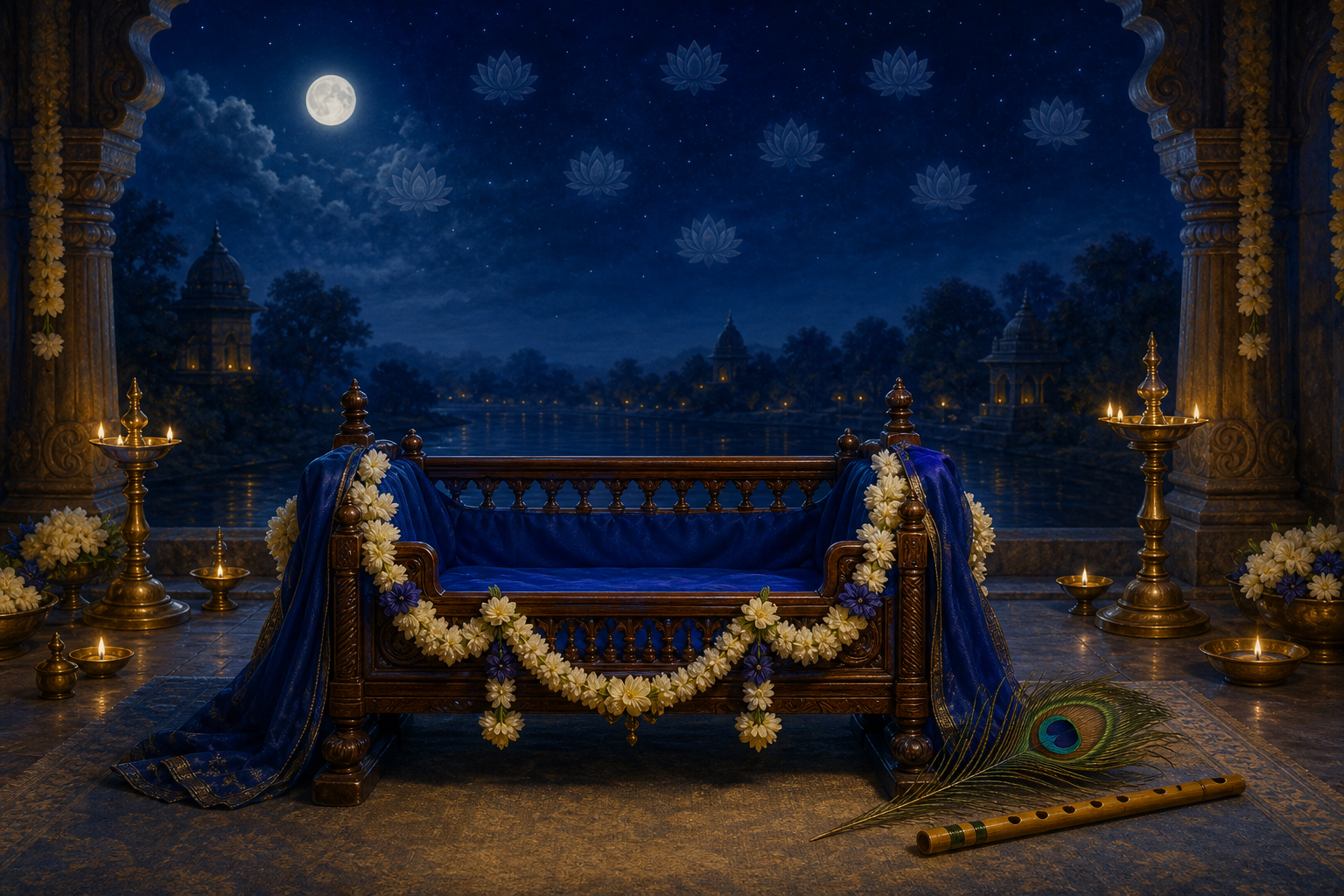 An empty flower-decorated cradle draped in deep blue cloth rests beneath a moonlit indigo sky with eight subtle lotus motifs; warm temple lamps glow beside a peacock feather and small flute.