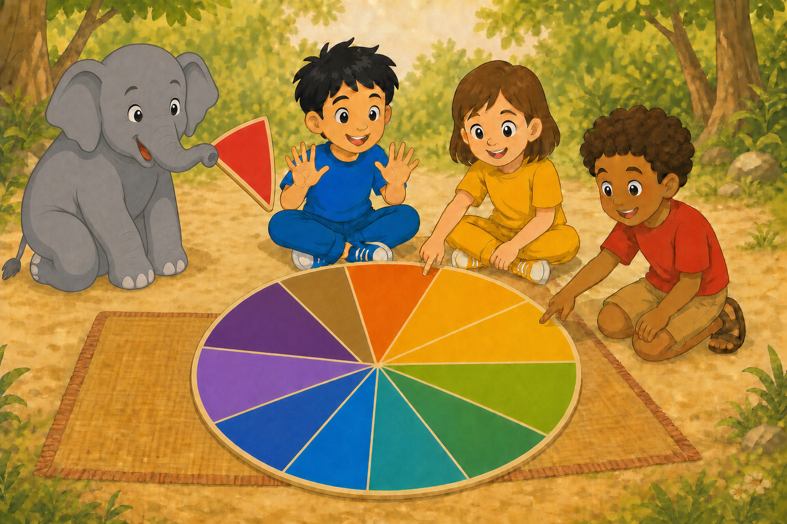 Gajajī holds the red slice completely away from its full empty space while the three child explorers study the twelve-part rainbow annual wheel.
