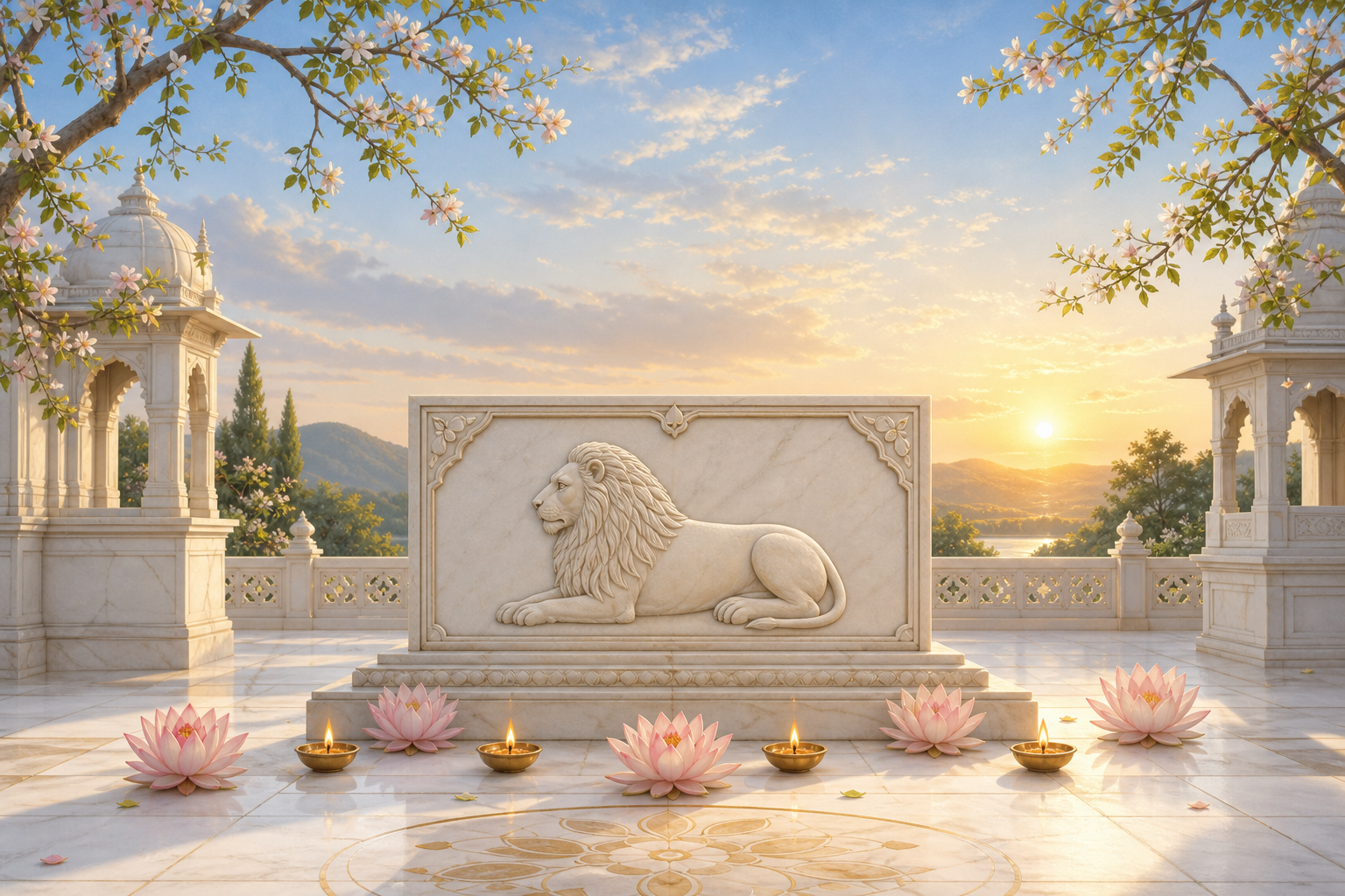 Dawn illuminates a calm lion emblem in a white-marble Jain courtyard, with lotus blossoms and small lamps arranged below it.