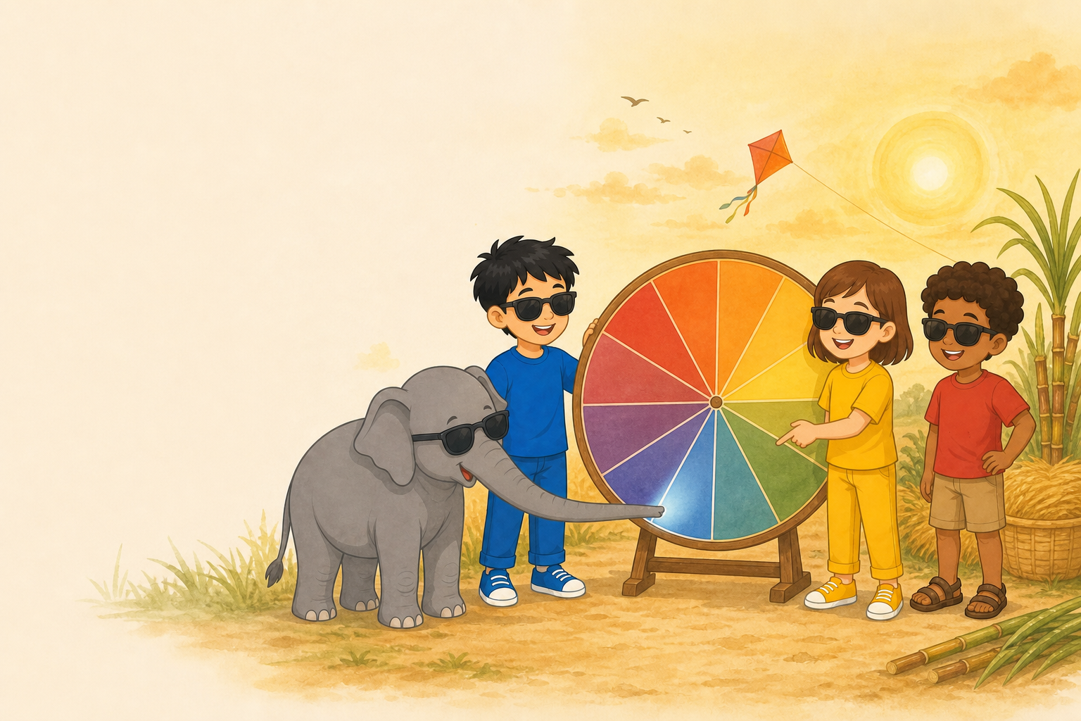 The three child explorers and Gajajī, all wearing sunglasses, examine a twelve-part solar-year wheel while Gajajī points to one highlighted segment; harvest grain, sugarcane, and a kite appear nearby.