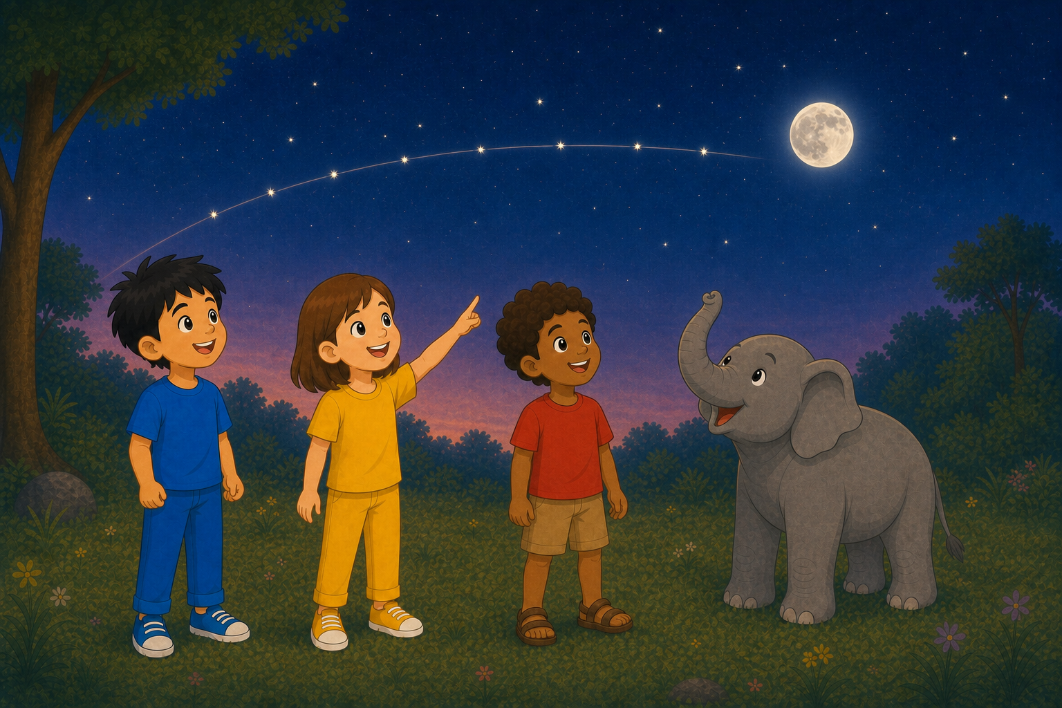 Prīti, Ravi, Sam, and Gajajī follow the Moon’s changing position along a measured path among the stars.