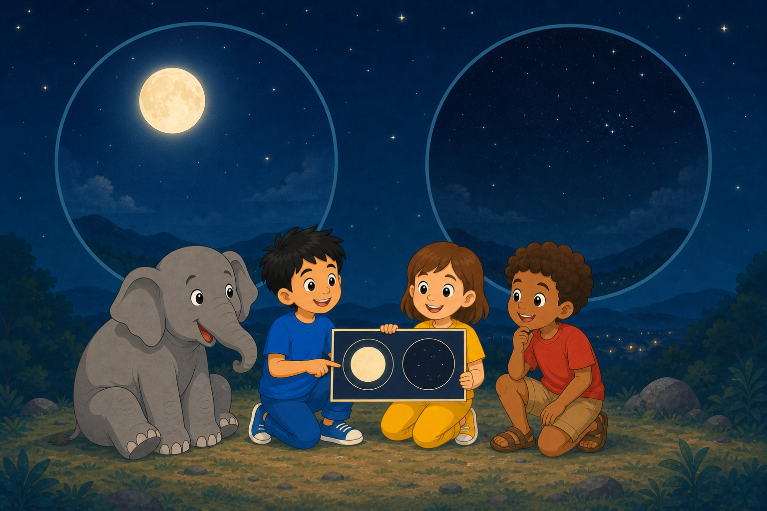 The three child explorers and Gajajī compare a bright Full Moon with a moonless starry sky, using a simple observation chart.