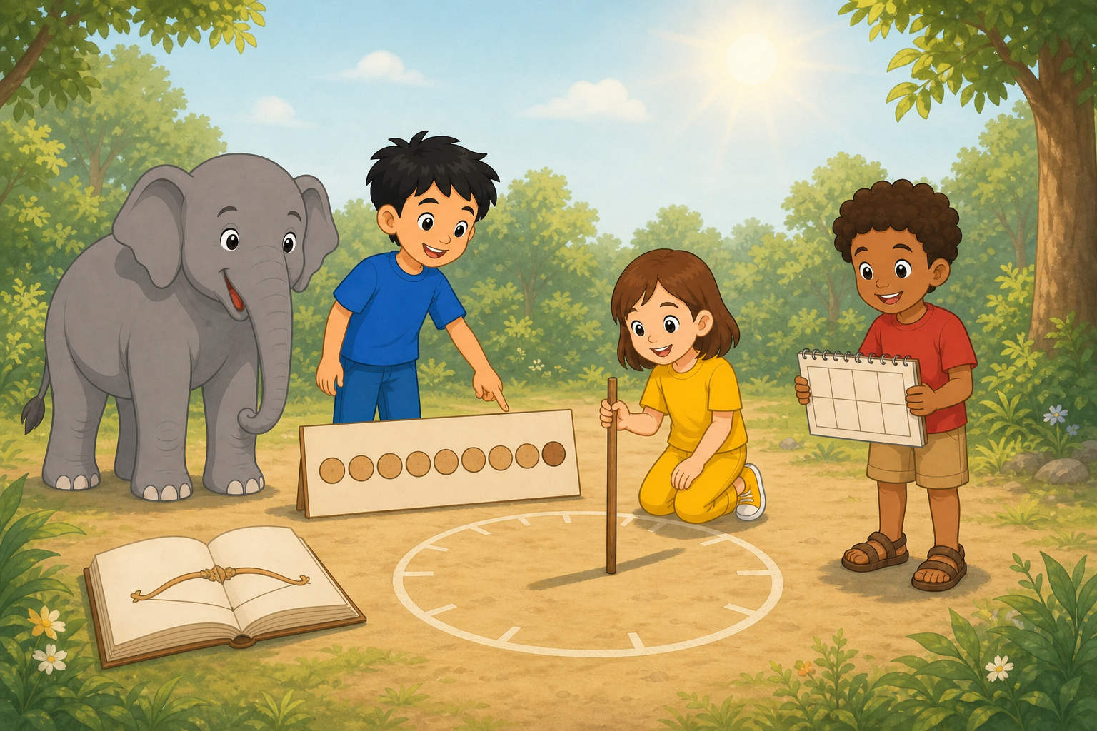 The three child explorers and Gajajī use nine counters and a midday shadow circle to investigate the Caitra Śukla Navamī rule.