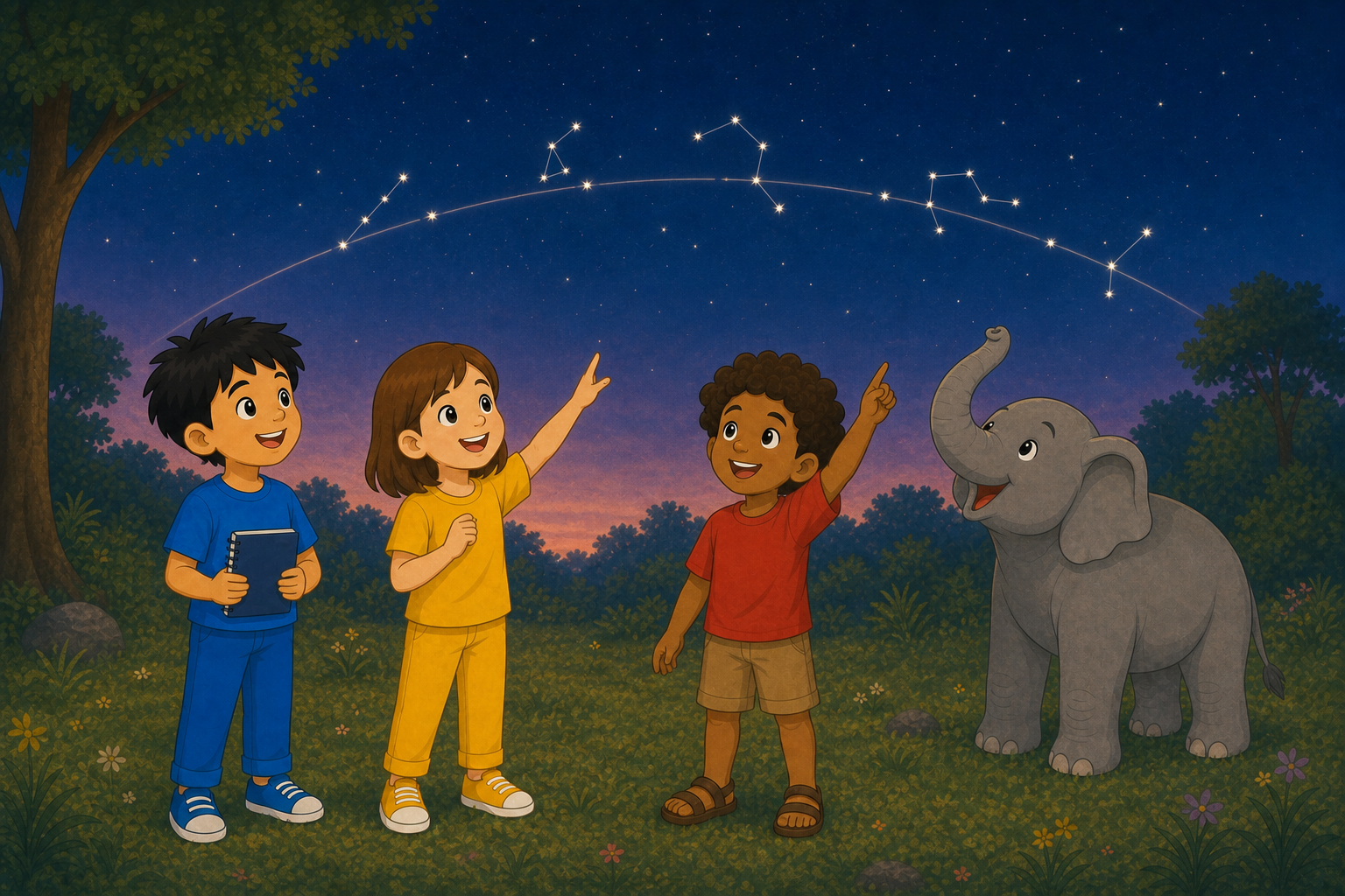 Prīti, Ravi, Sam, and Gajajī trace the ecliptic across several different star patterns in the night sky.