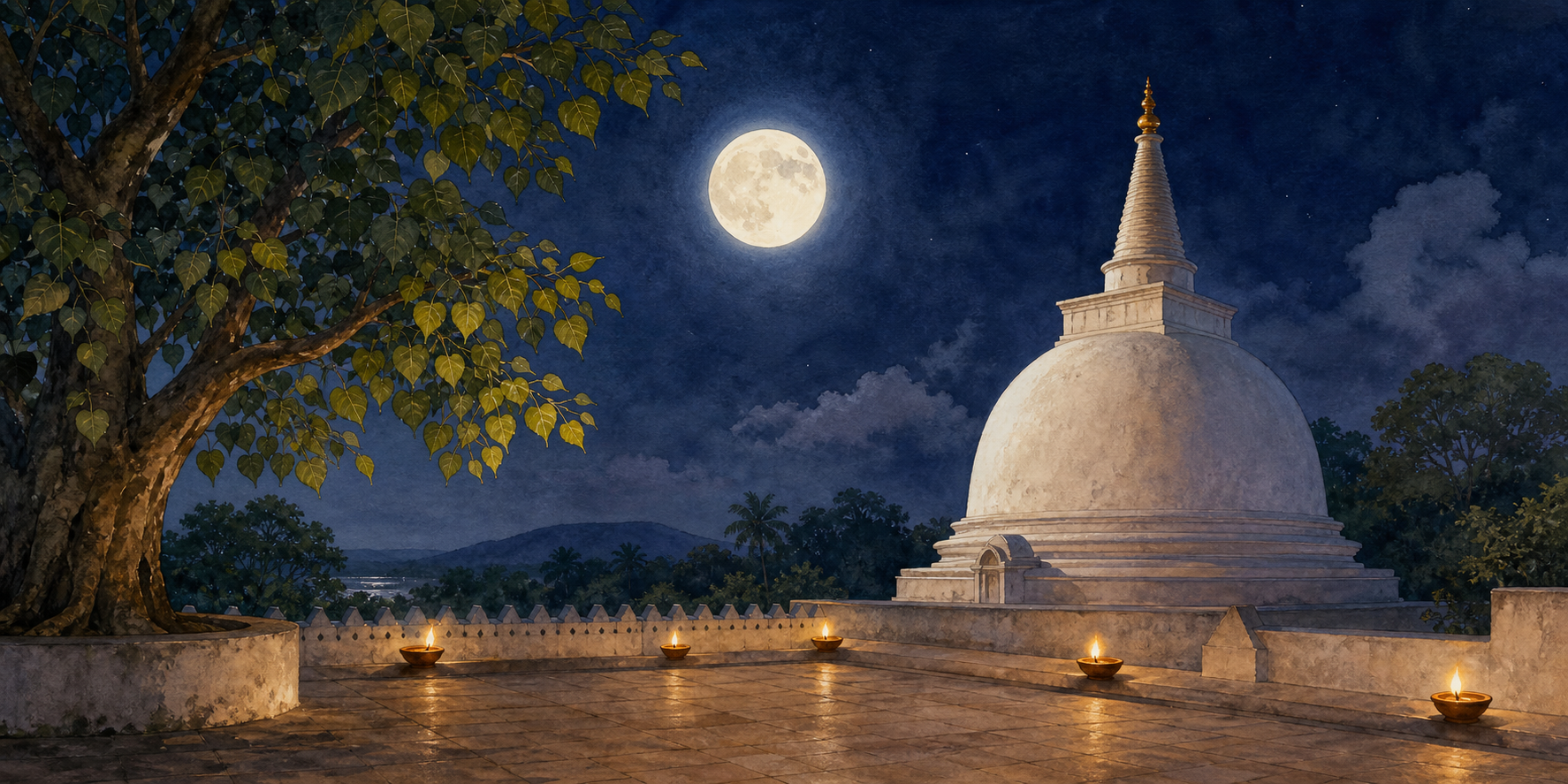 A full moon shines over a quiet white stūpa, a mature Bodhi tree, and small oil lamps on a temple terrace.
