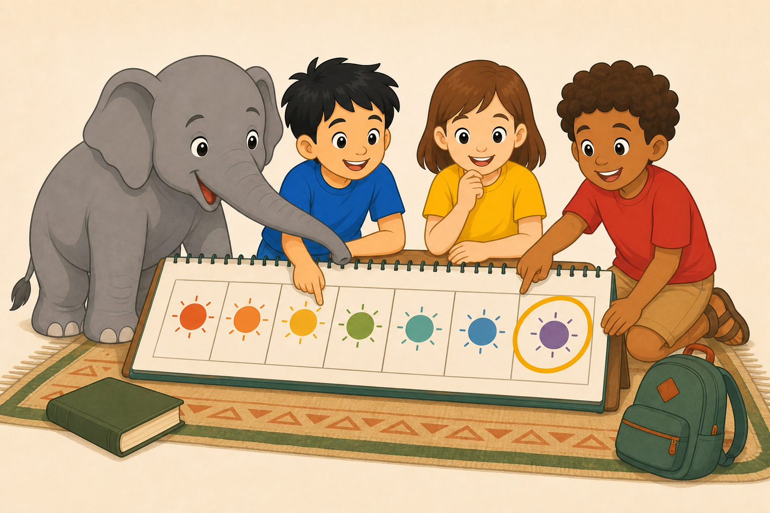 The three child explorers and Gajajī study a seven-day calendar together, with the final day circled.