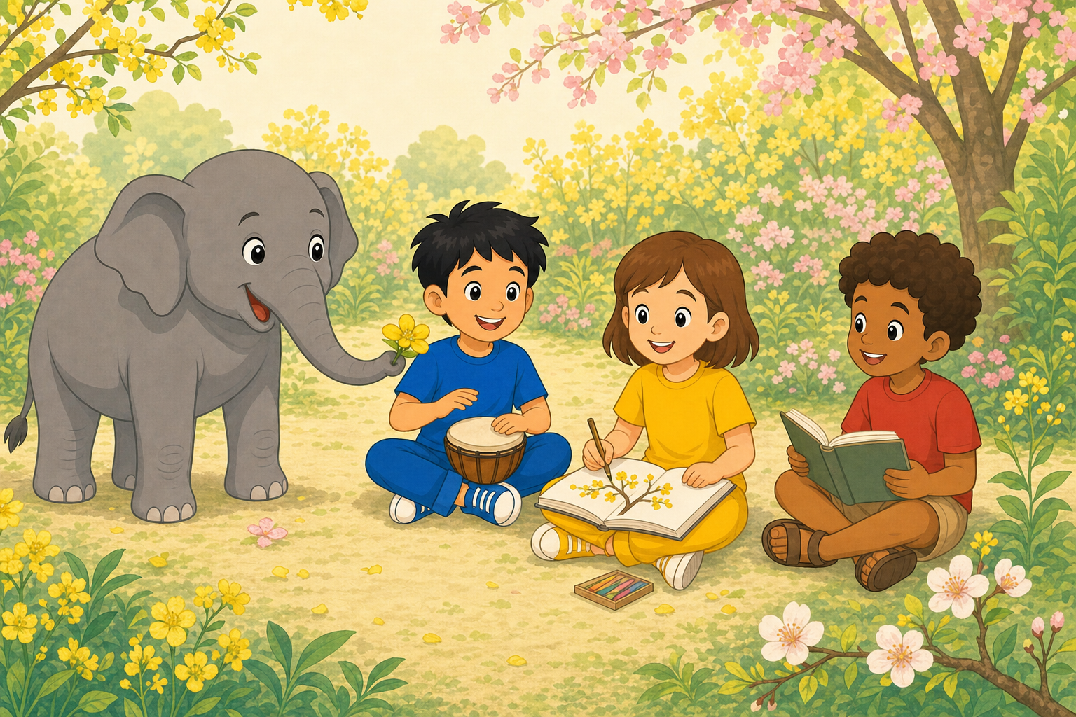 Gajajī and the three child explorers enjoy spring flowers while drawing, making music, and reading together.
